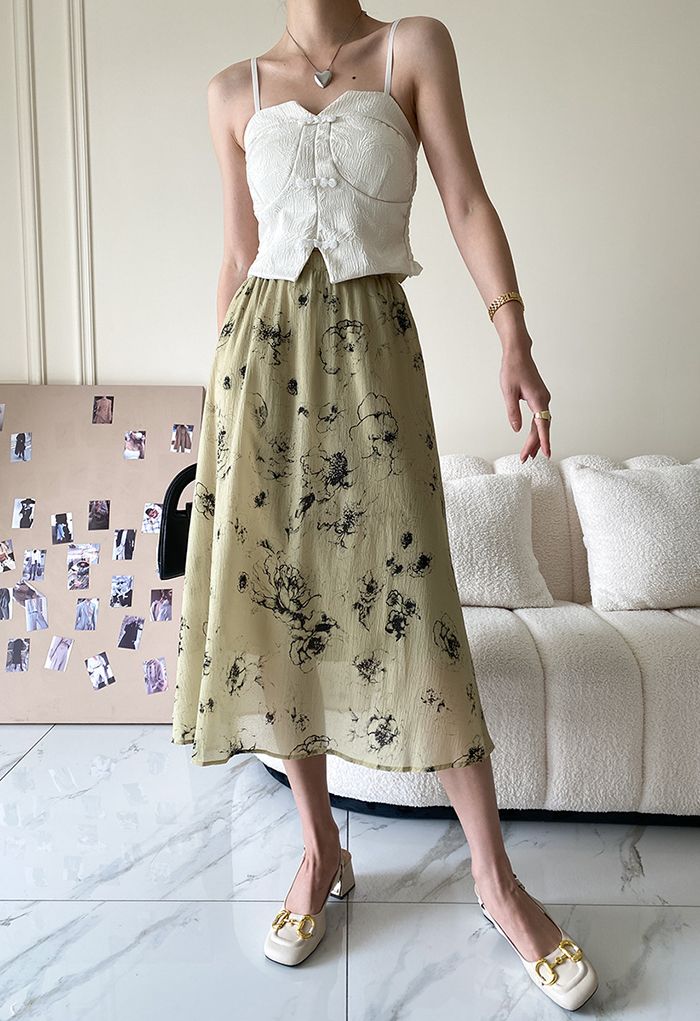 Floral Ink Painting Embossed Midi Skirt in Pea Green