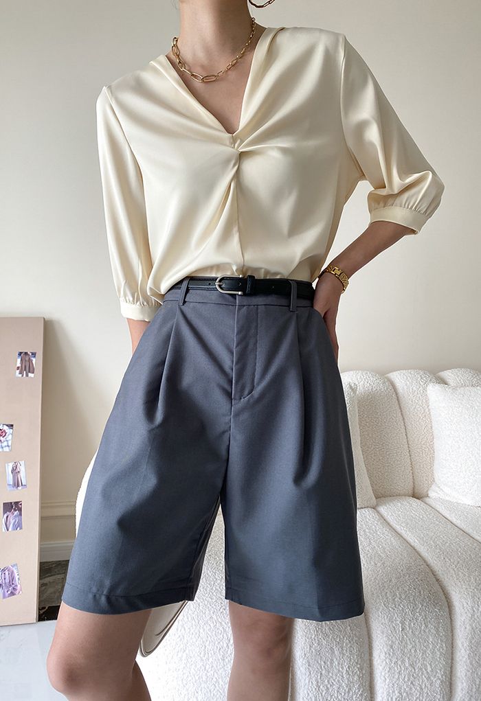 V-Neck Bracelet Sleeve Satin Shirt in Light Yellow