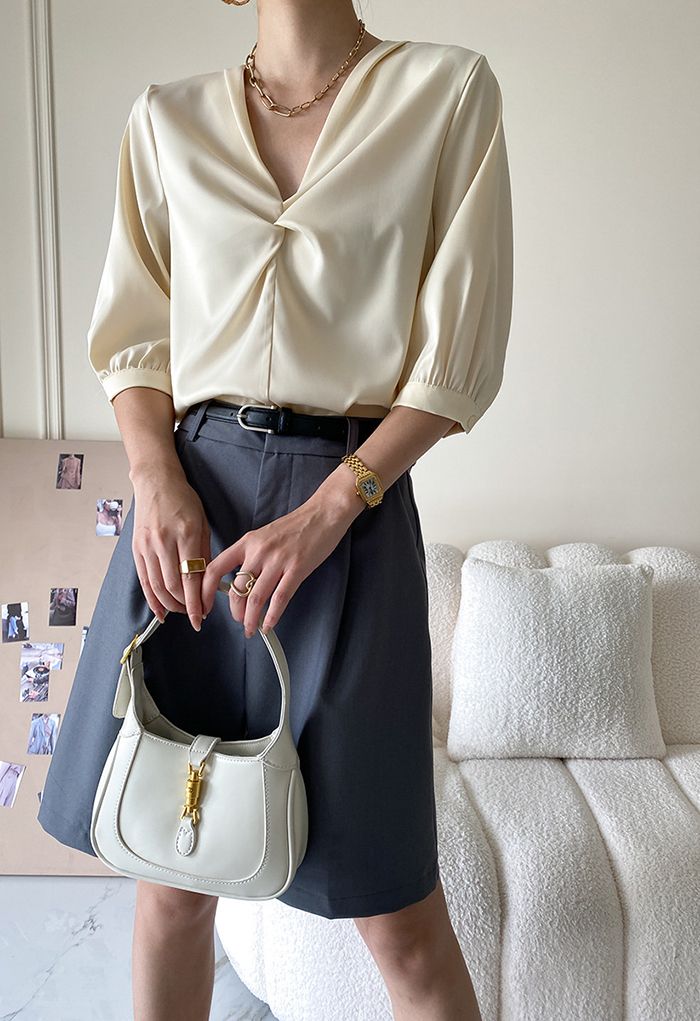 V-Neck Bracelet Sleeve Satin Shirt in Light Yellow