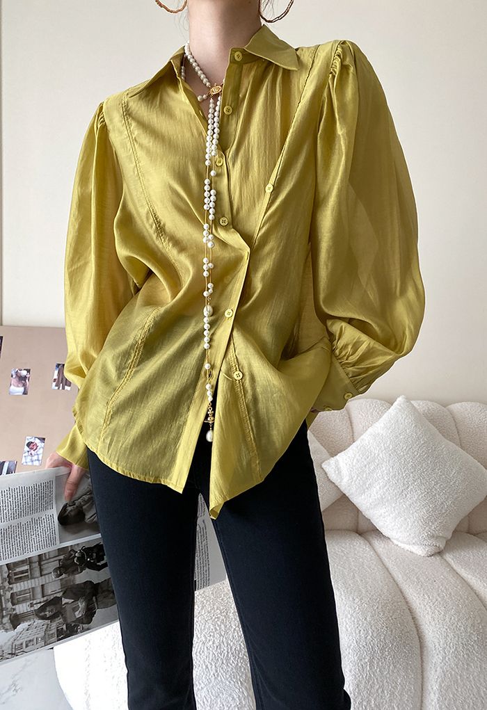 Irregular Button Puff Sleeve Shirt in Mustard - Retro, Indie and Unique ...
