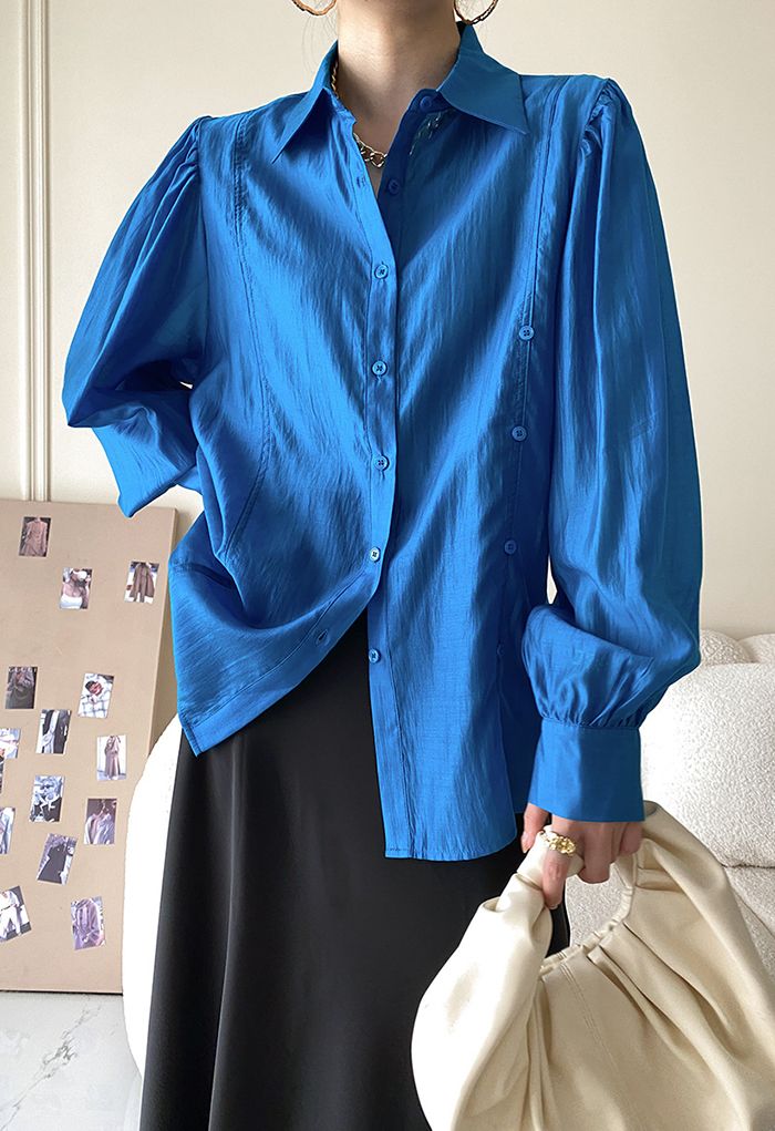 Irregular Button Puff Sleeve Shirt in Blue - Retro, Indie and Unique ...