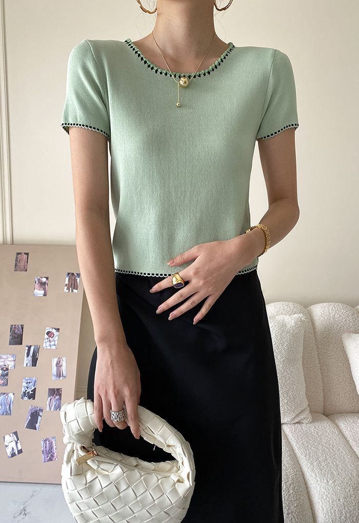 Crochet Edge Short Sleeve Knit Top in Pea Green