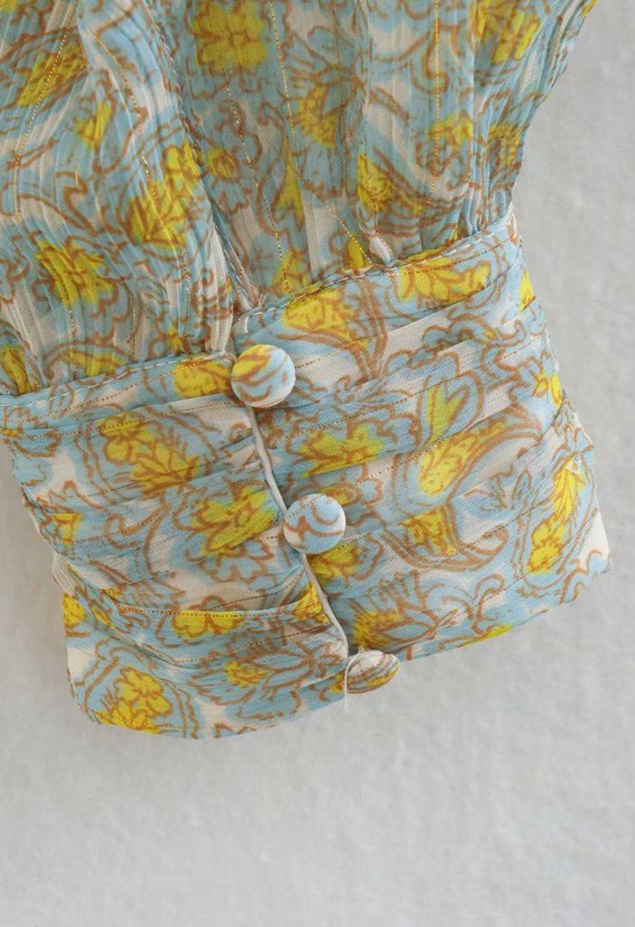 Yellow Flower V-Neck Ruched Chiffon Top