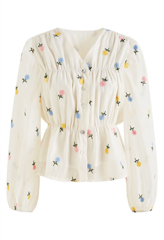 Colorful Floret Embroidery Sheer Peplum Top