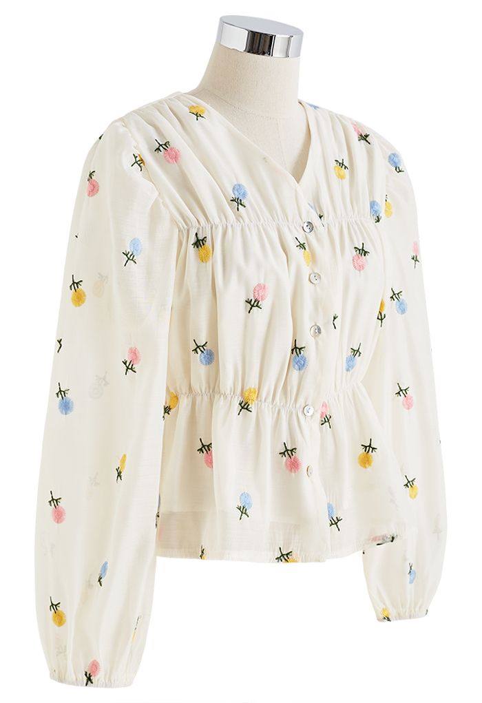 Colorful Floret Embroidery Sheer Peplum Top