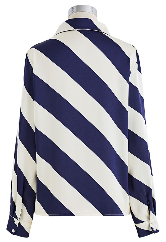 Diagonal Stripe V-Neck Satin Indie in Fashion - Unique Retro, Shirt Navy and