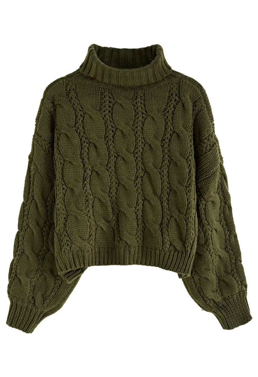 Turtleneck Braid Knit Crop Sweater in Army Green