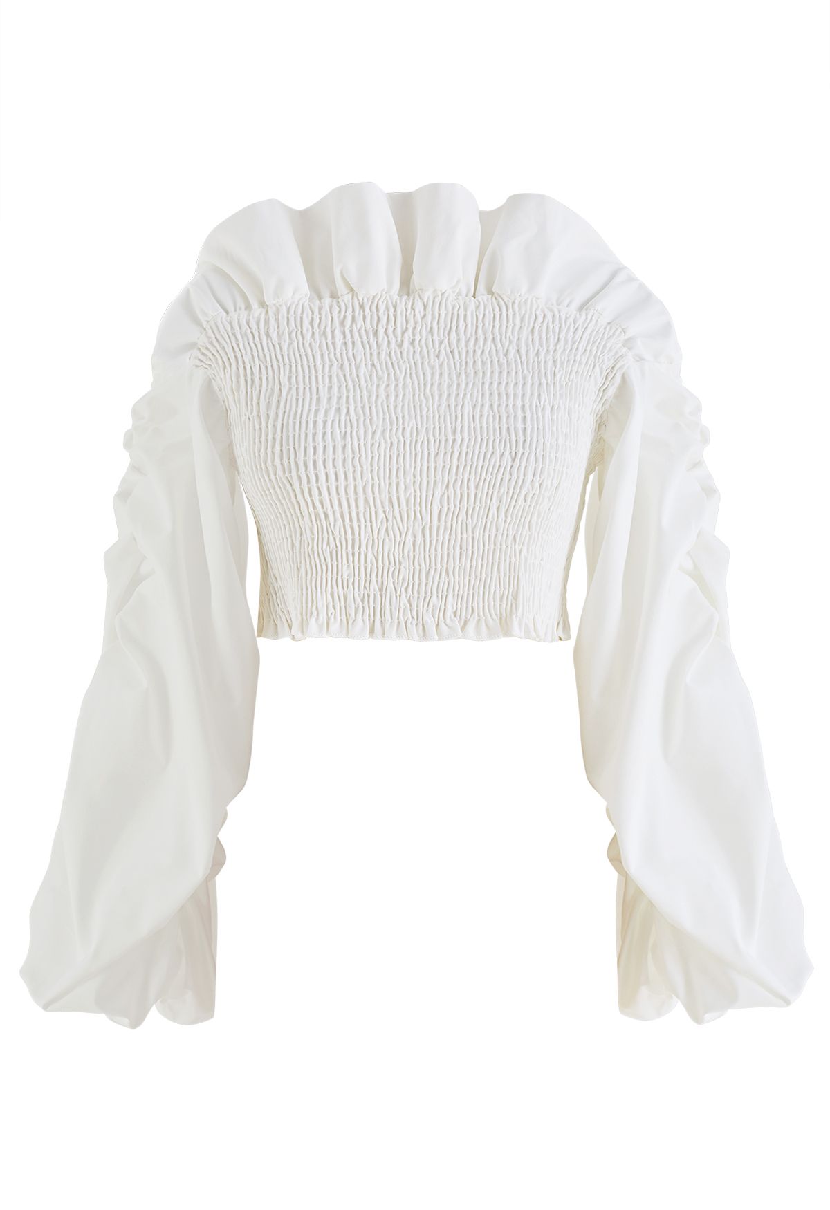 Bubble Sleeve Ruffled Shirring Crop Top in White