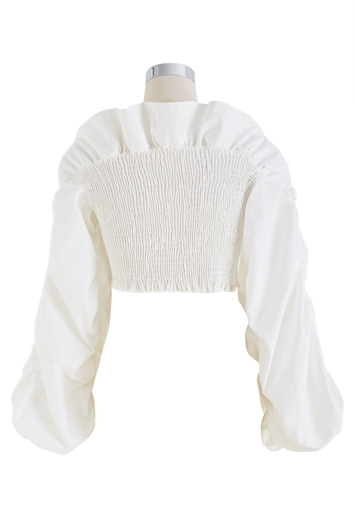 Bubble Sleeve Ruffled Shirring Crop Top in White