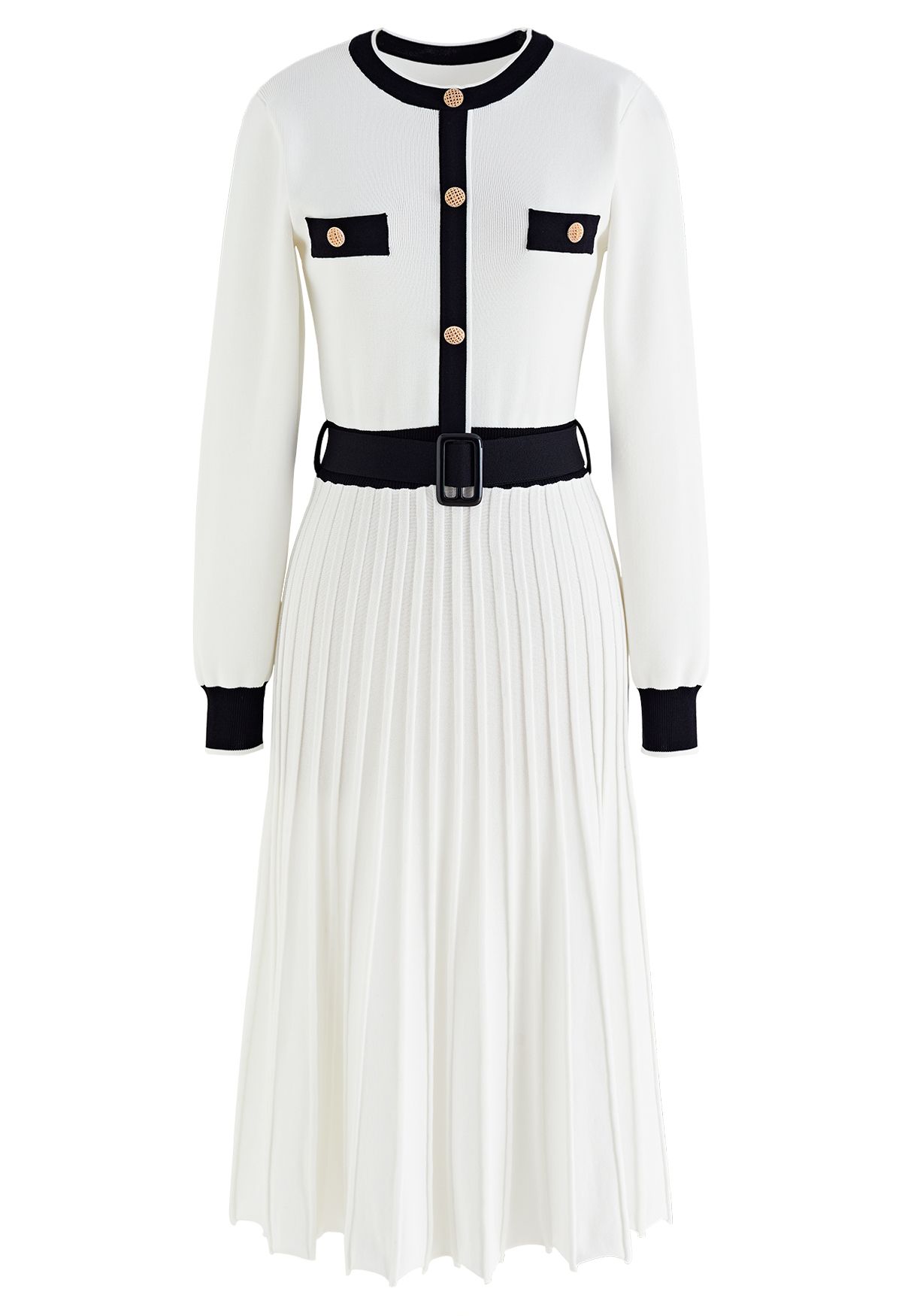 Belted Contrast Color Pleated Knit Dress in White - Retro, Indie and ...