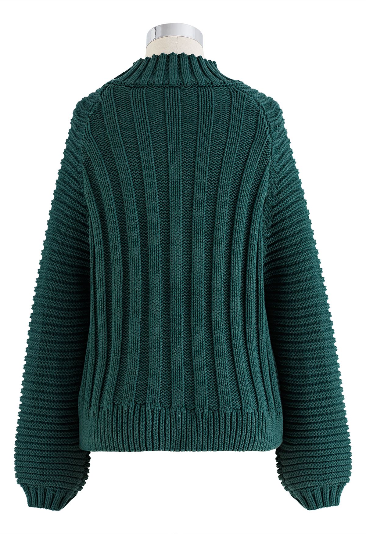 Exaggerated Ribbed High Neck Chunky Knit Crop Sweater in Dark Green ...