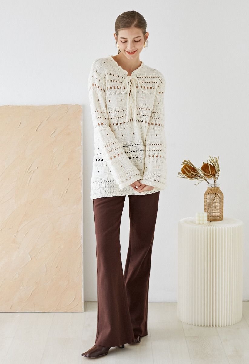 Lace-Up Front Hollow Out Longline Sweater