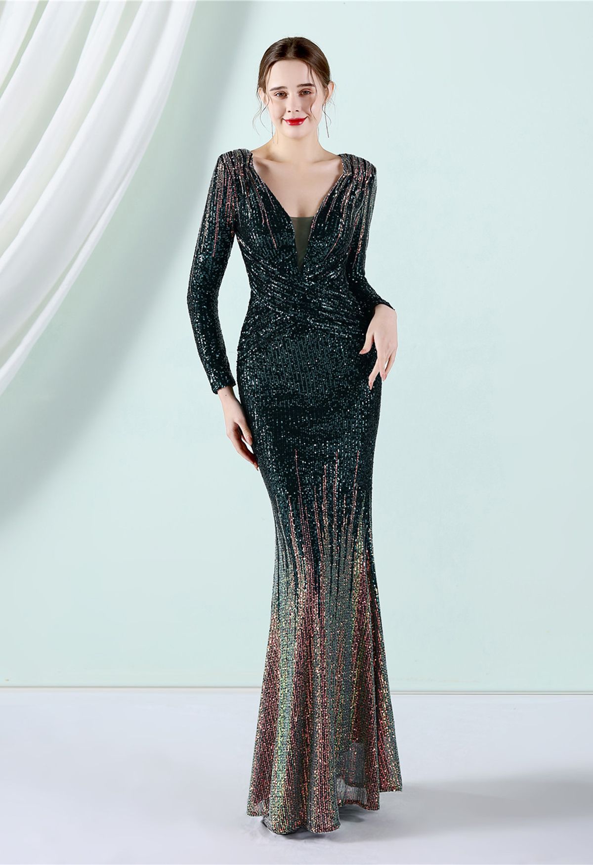 Full Sequin Two-Tone Crisscross Gown in Emerald - Retro, Indie and ...