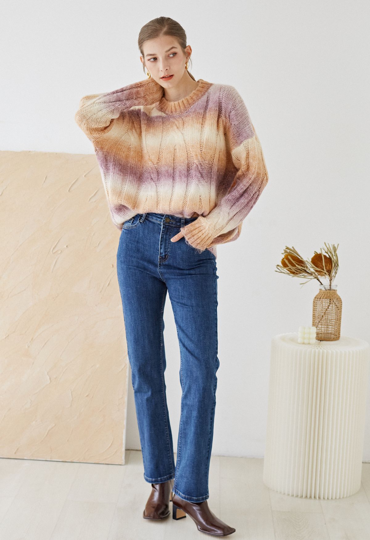 Ombre Braided Knit Round Neck Sweater - Retro, Indie and Unique Fashion
