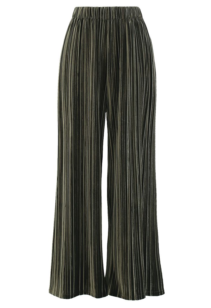 Wide-Leg Pleated Velvet Pants in Moss Green