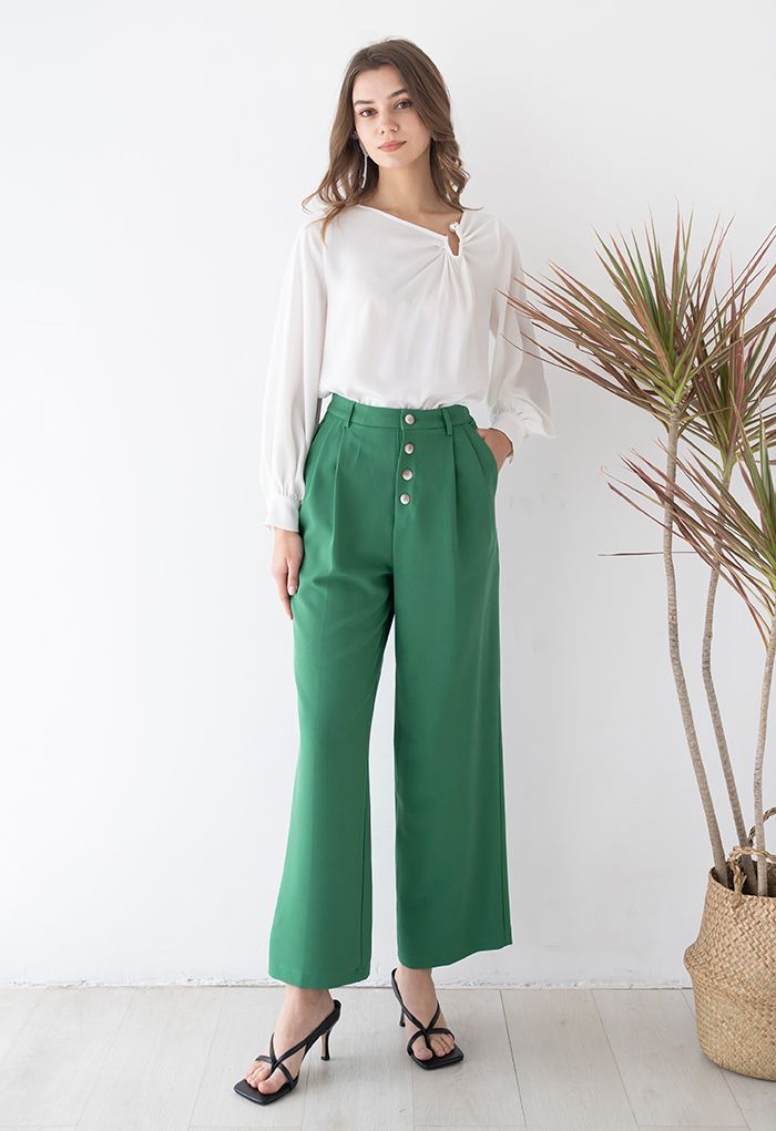 Buttons Closure Straight-Leg Pants in Green