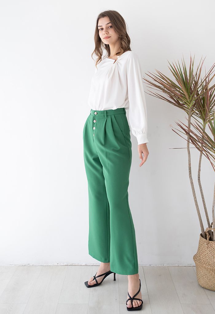 Buttons Closure Straight-Leg Pants in Green