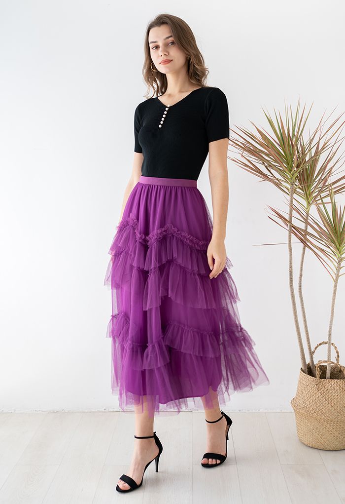 Ruffle Mesh Layered Skirt, Midi Ruffle Skirt Tulle