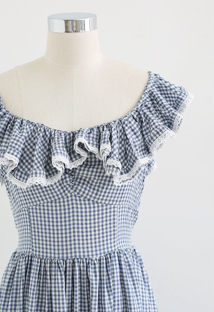 Gingham Ruffled Shoulder Frilling Dress in Blue