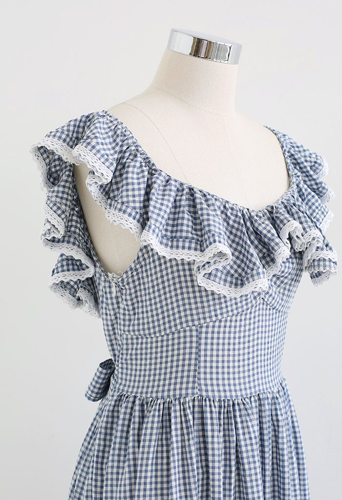 Gingham Ruffled Shoulder Frilling Dress in Blue