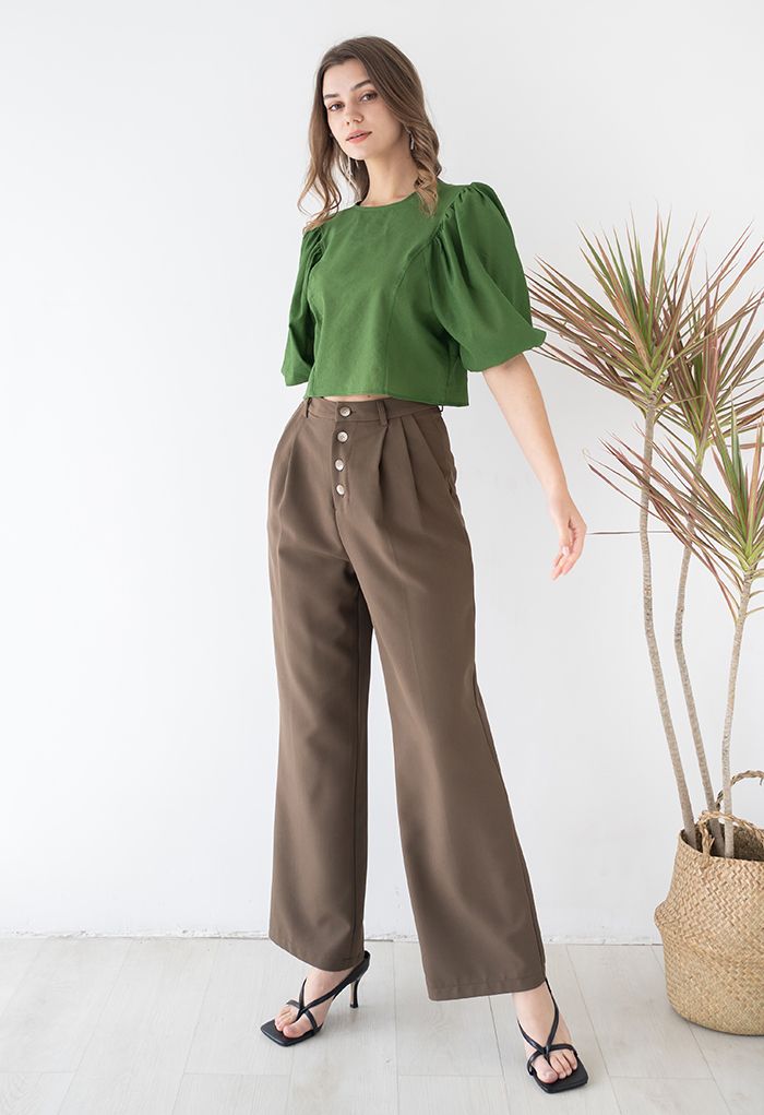 Buttons Closure Straight-Leg Pants in Brown