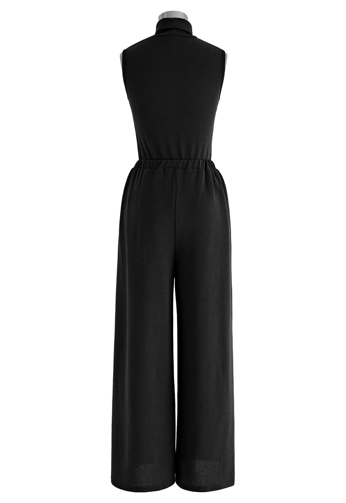 High Neck Sleeveless Top and Pants Set in Black