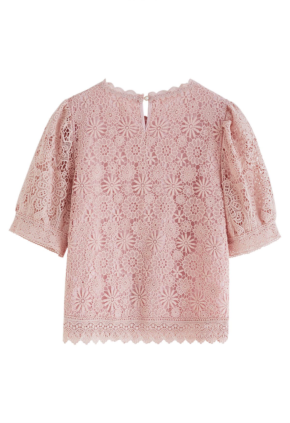 Scalloped Edge Floral Cutwork Top in Pink