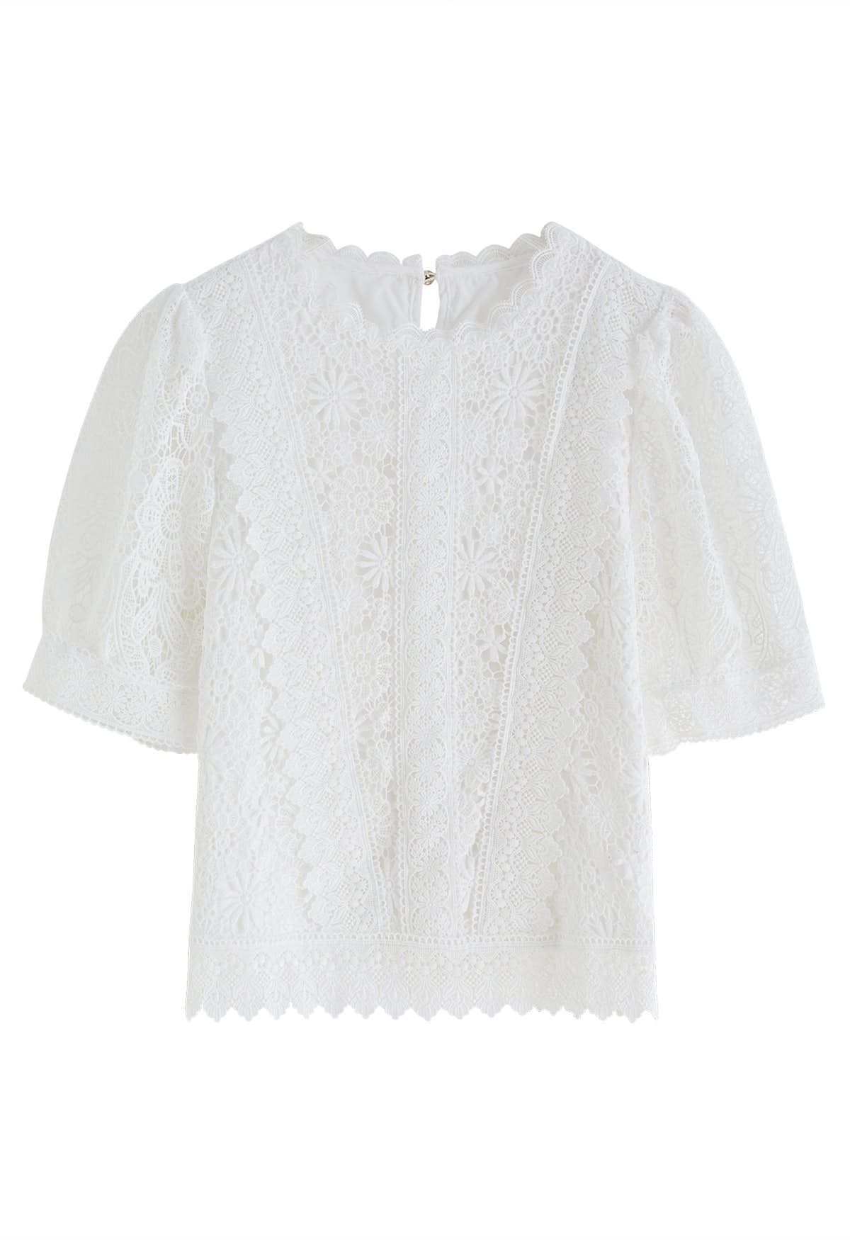 Scalloped Edge Floral Cutwork Top in White