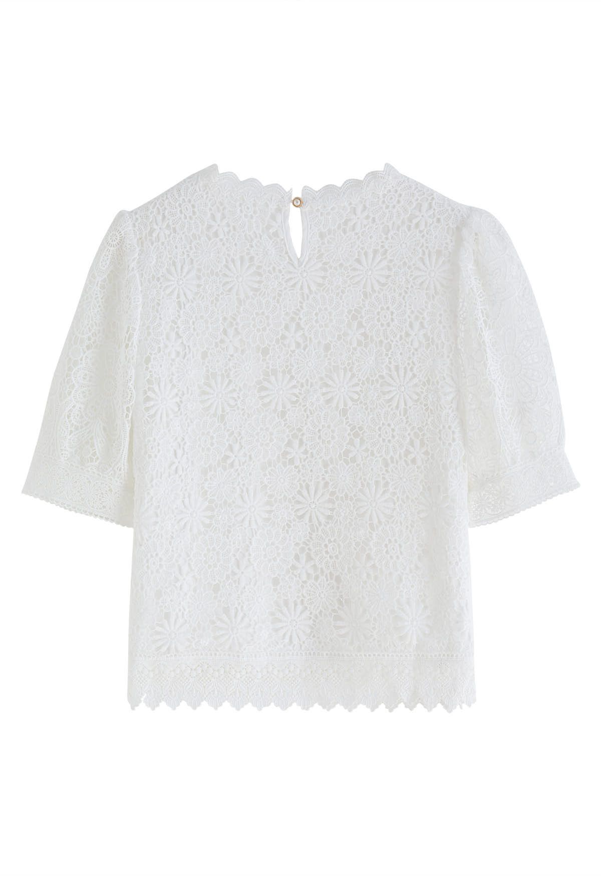 Scalloped Edge Floral Cutwork Top in White