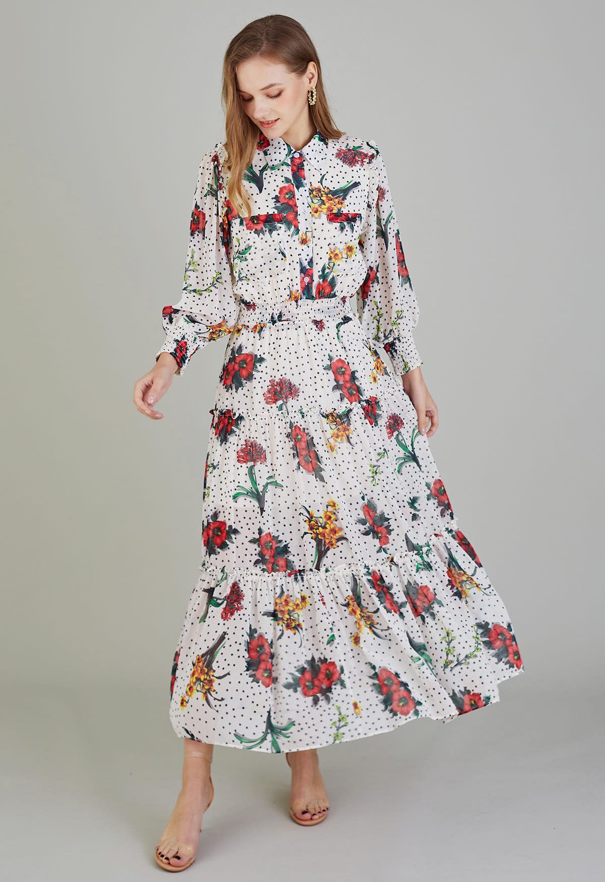 Polka Dot Floral Printed Chiffon Maxi Dress - Retro, Indie and Unique ...
