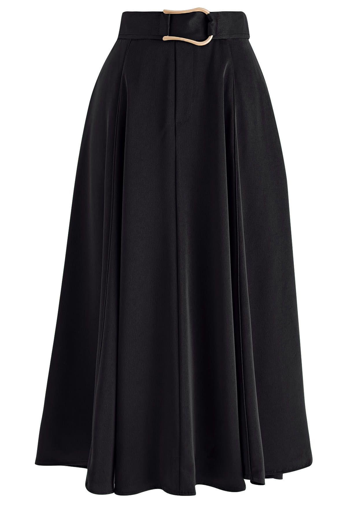 Belt Decorated Flare Satin Midi Skirt in Black