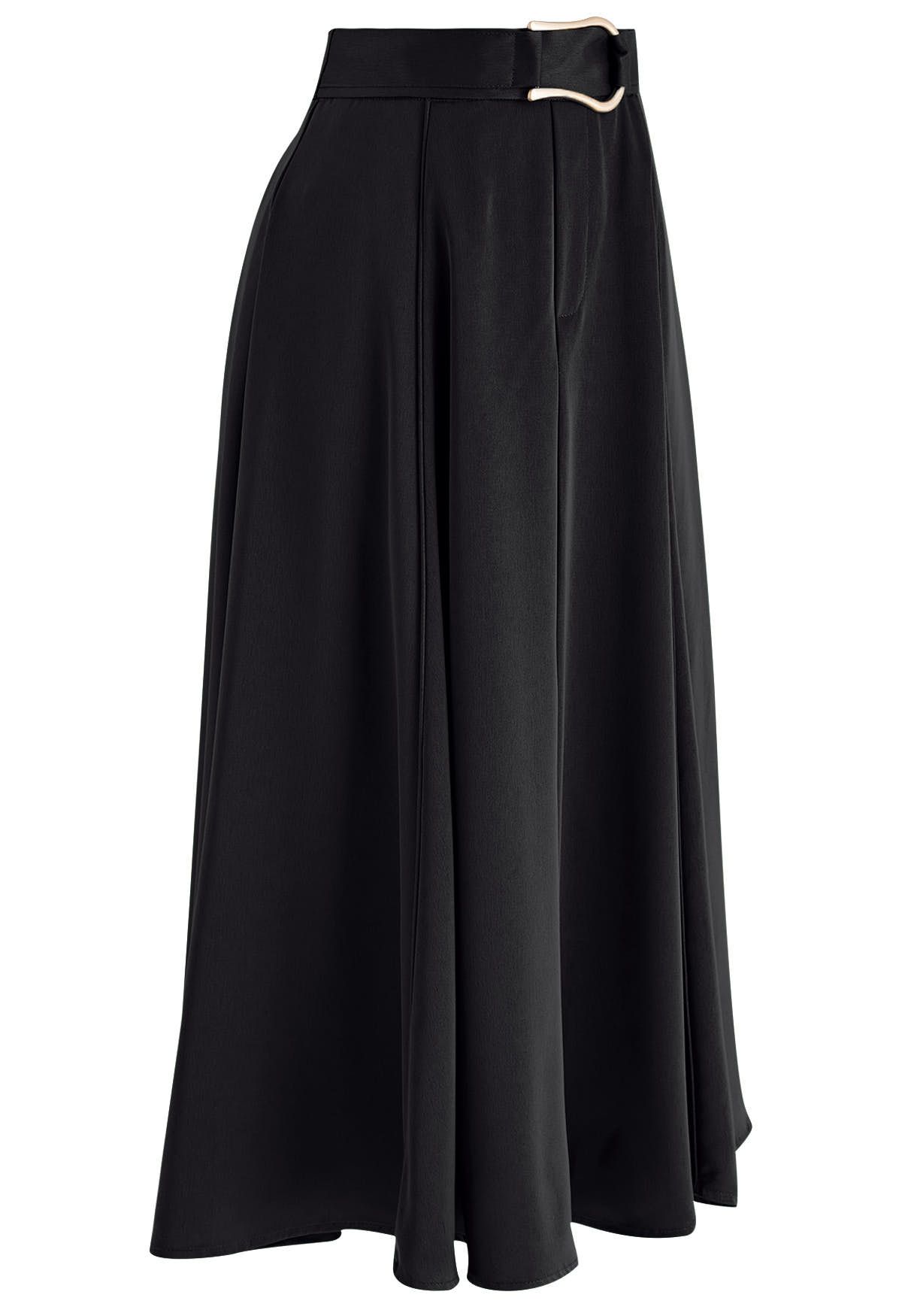 Belt Decorated Flare Satin Midi Skirt in Black