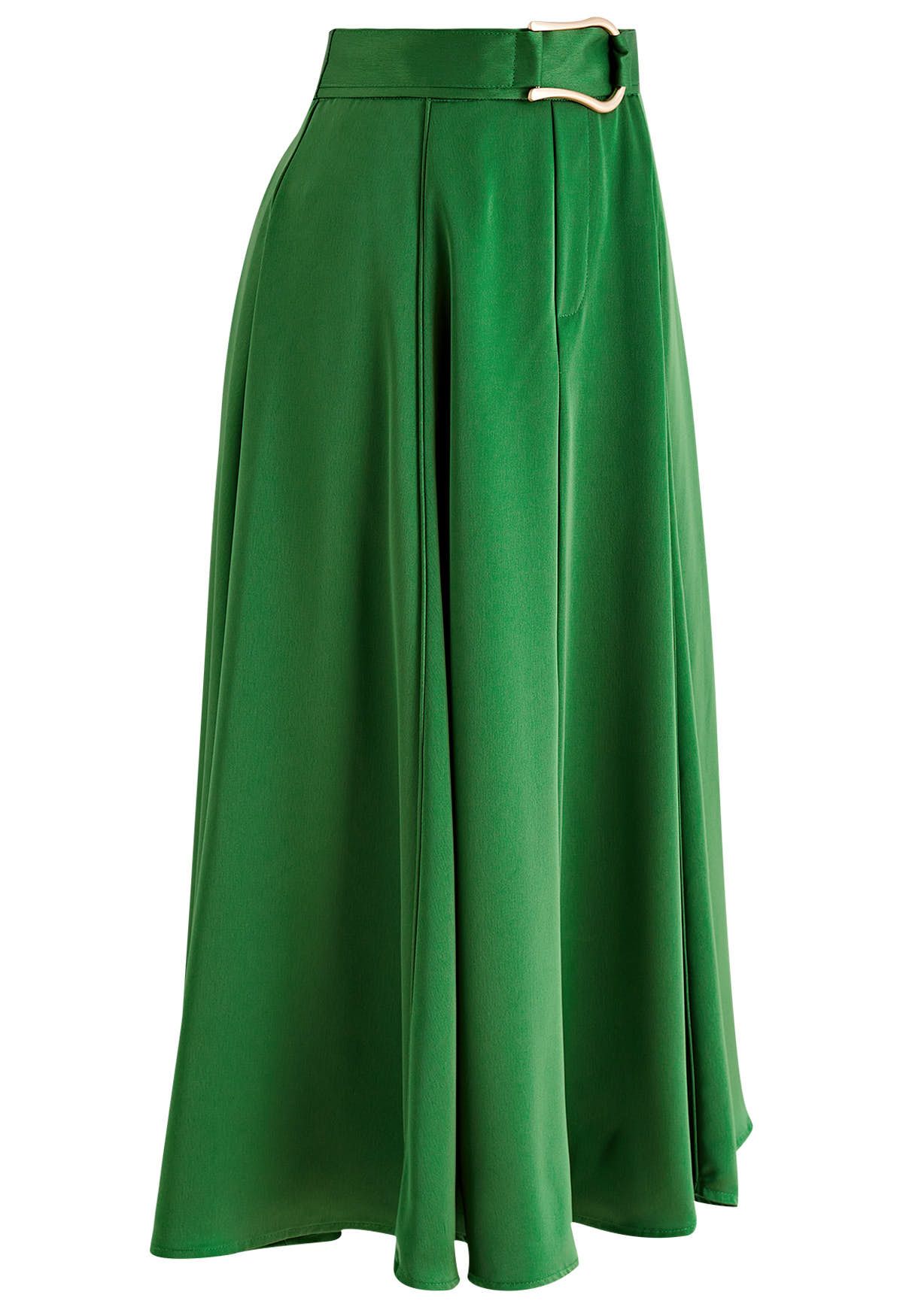 Belt Decorated Flare Satin Midi Skirt in Green - Retro, Indie and ...