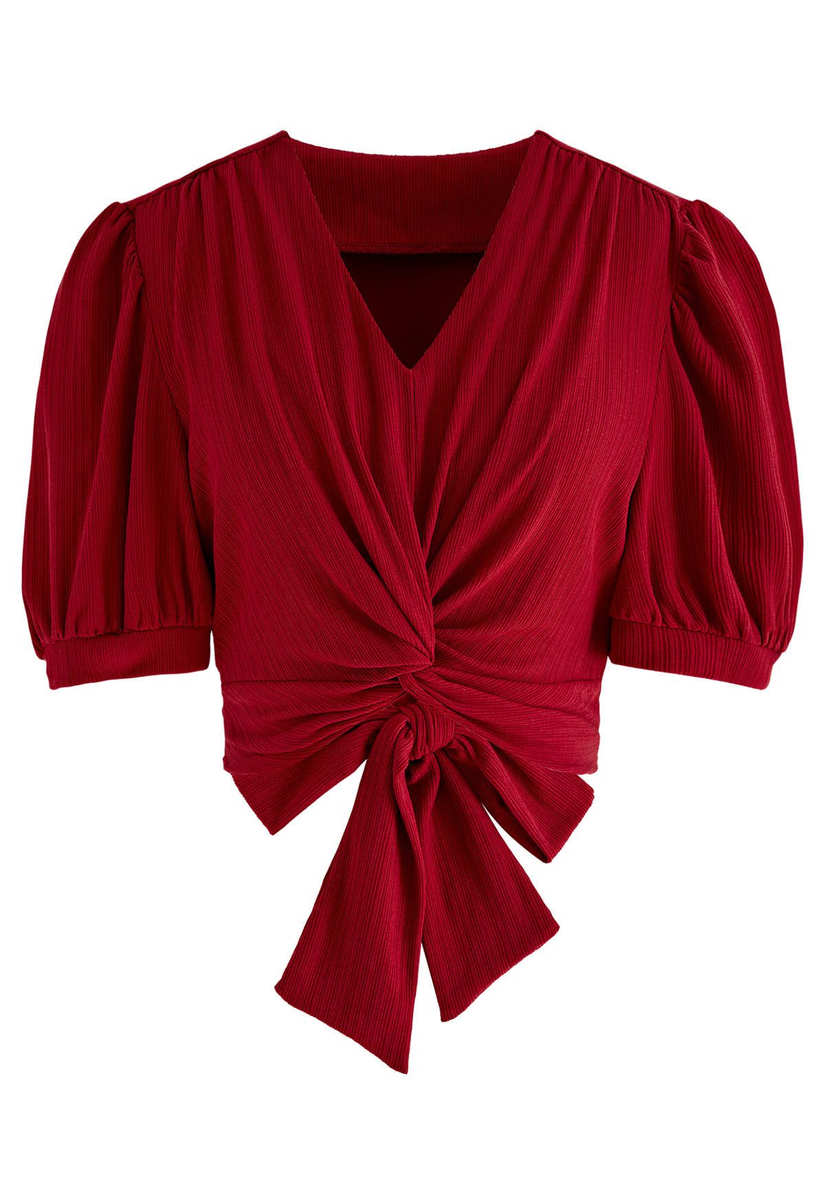 Twisted V-Neck Tie-Bow Crop Top in Red