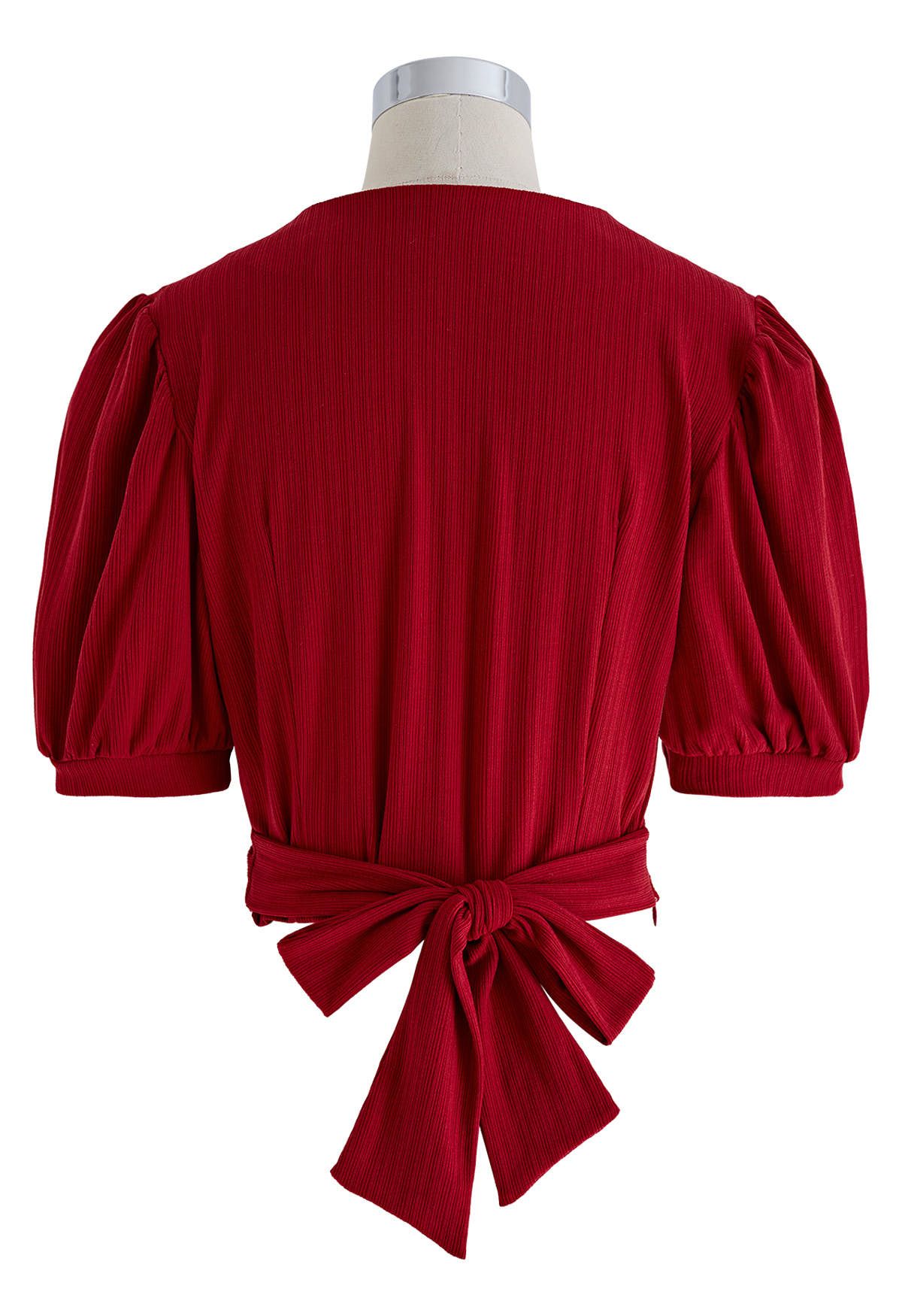 Twisted V-Neck Tie-Bow Crop Top in Red