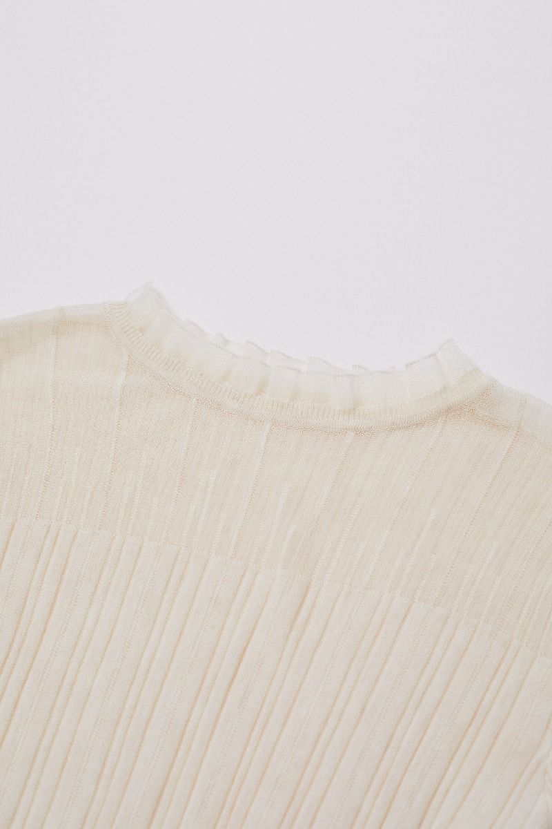 Ruffled Mock Neck Mesh Spliced Long Sleeve Knit Top in Ivory