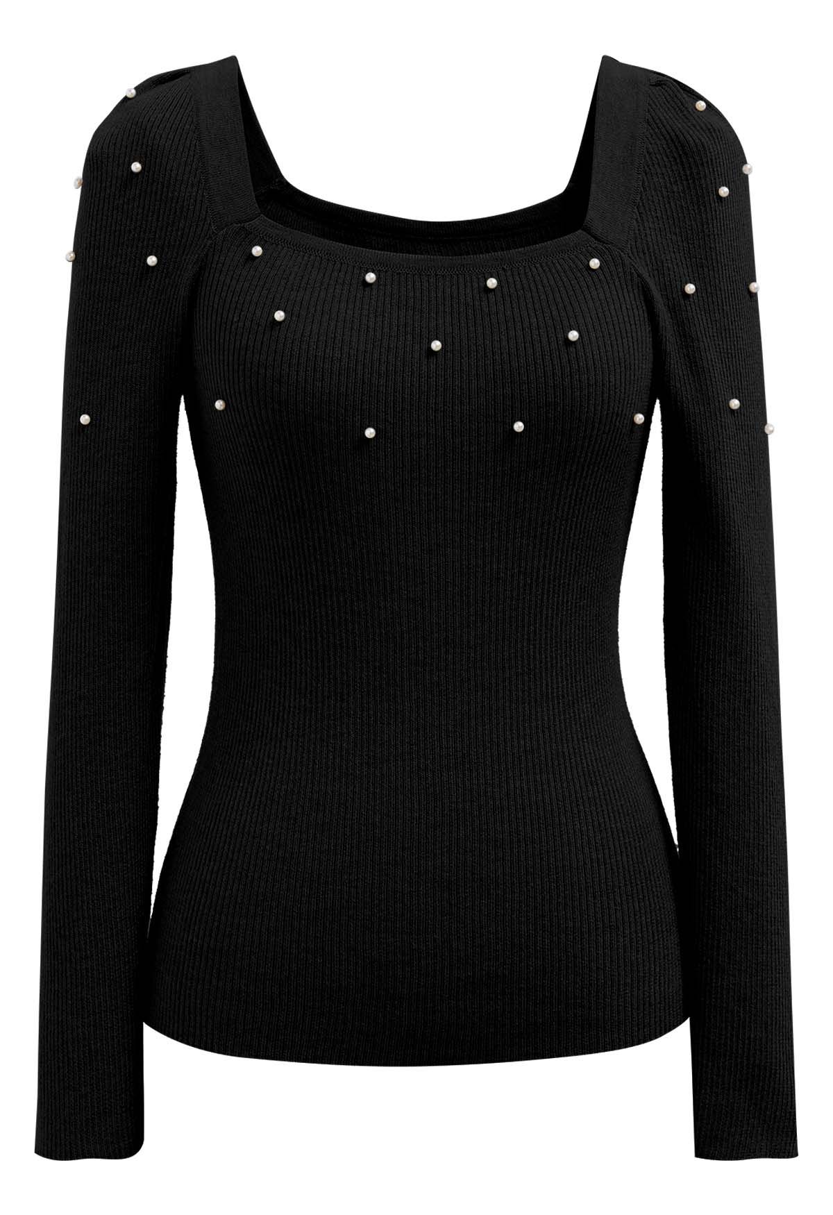 Square Neck Pearly Fitted Knit Top in Black