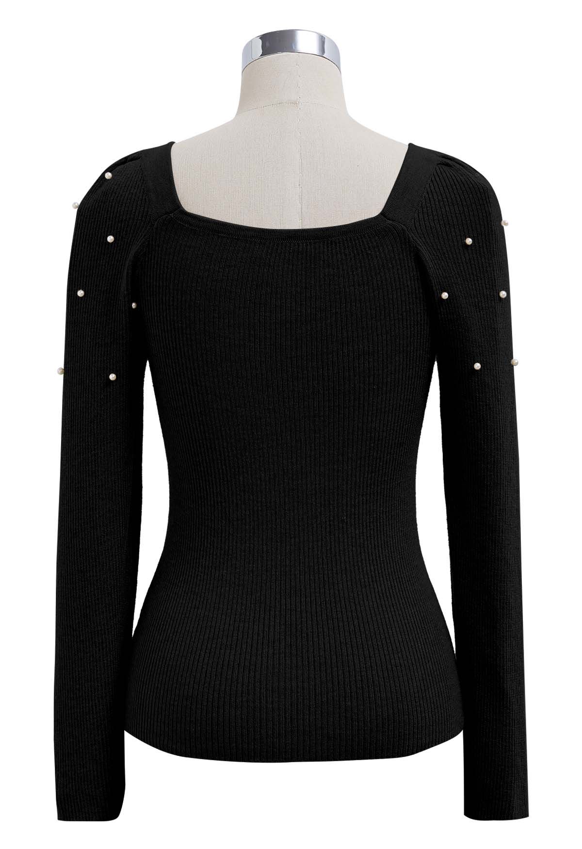 Square Neck Pearly Fitted Knit Top in Black