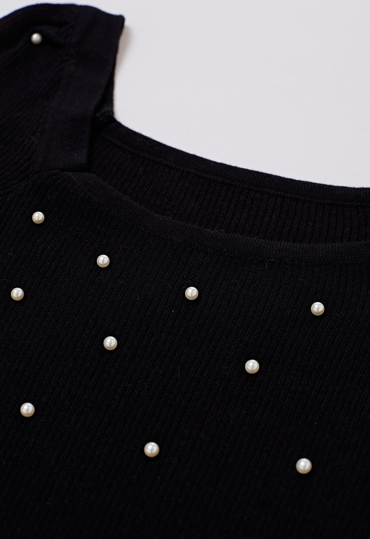 Square Neck Pearly Fitted Knit Top in Black