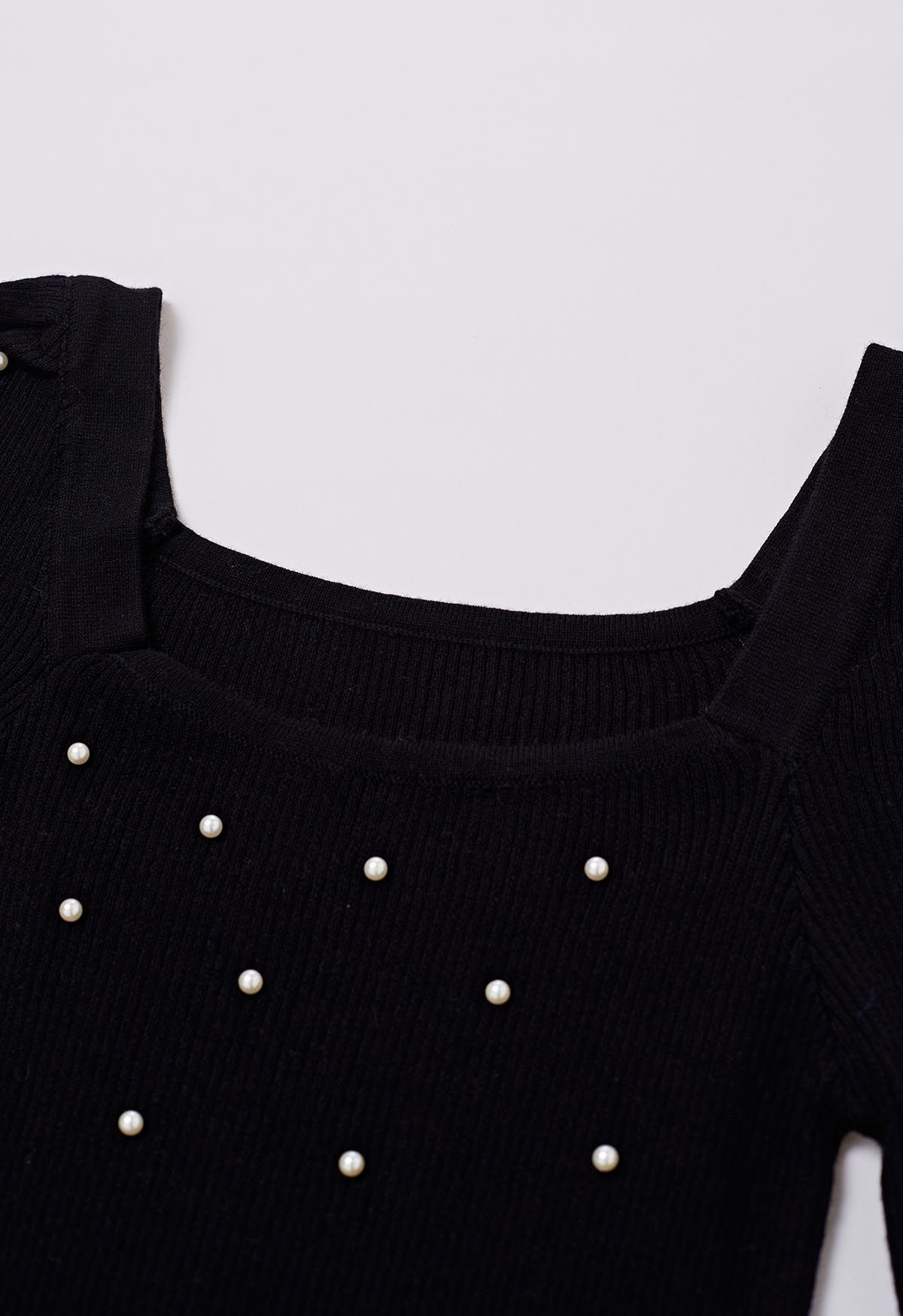 Square Neck Pearly Fitted Knit Top in Black