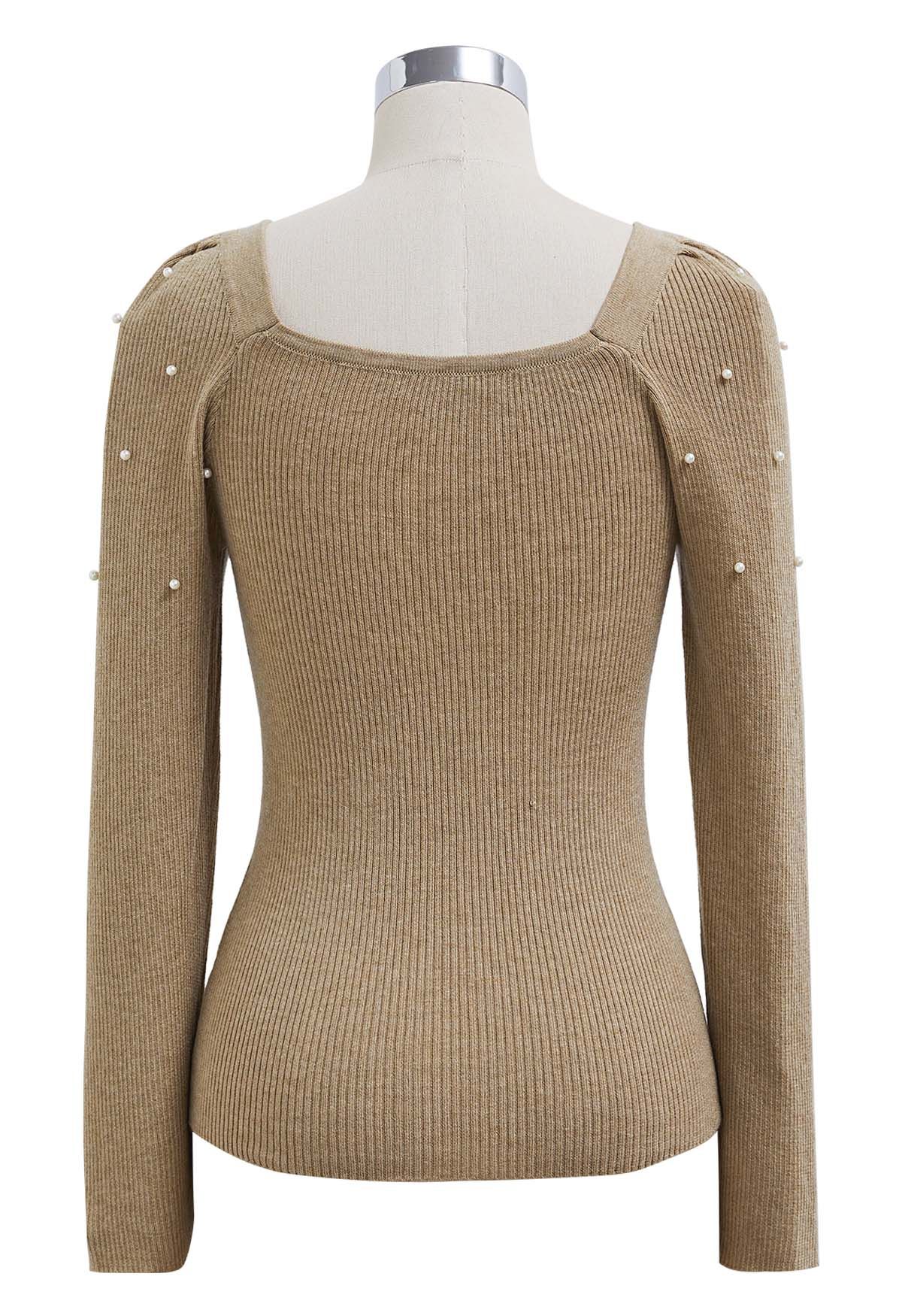 Square Neck Pearly Fitted Knit Top in Camel