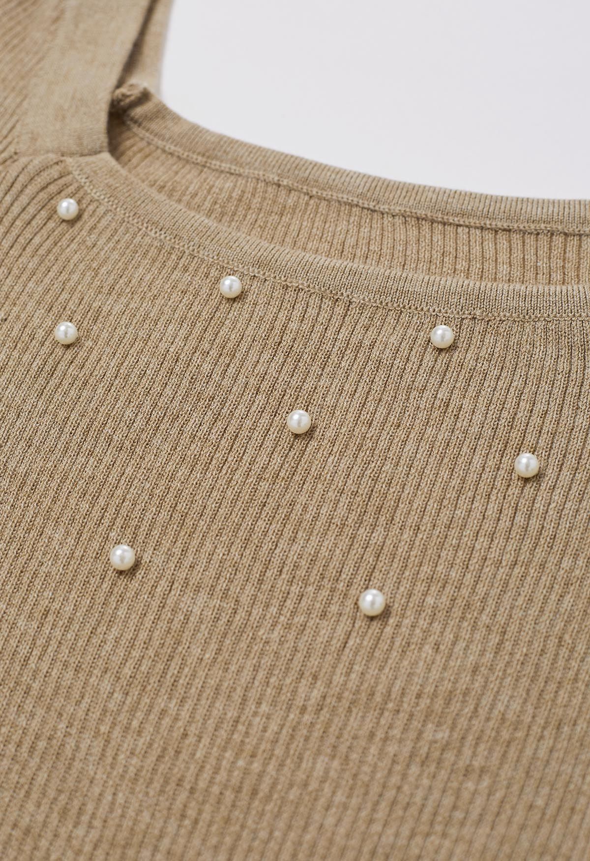 Square Neck Pearly Fitted Knit Top in Camel