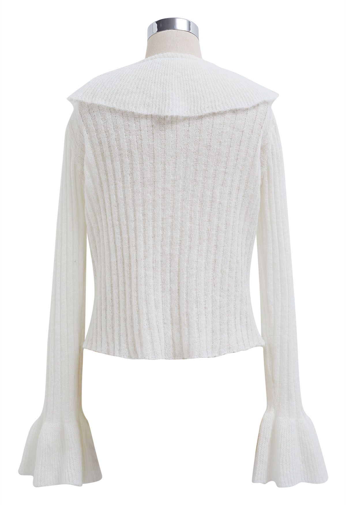 Exaggerated Ruffle Neck Self-Tie Knit Top in White - Retro, Indie and ...