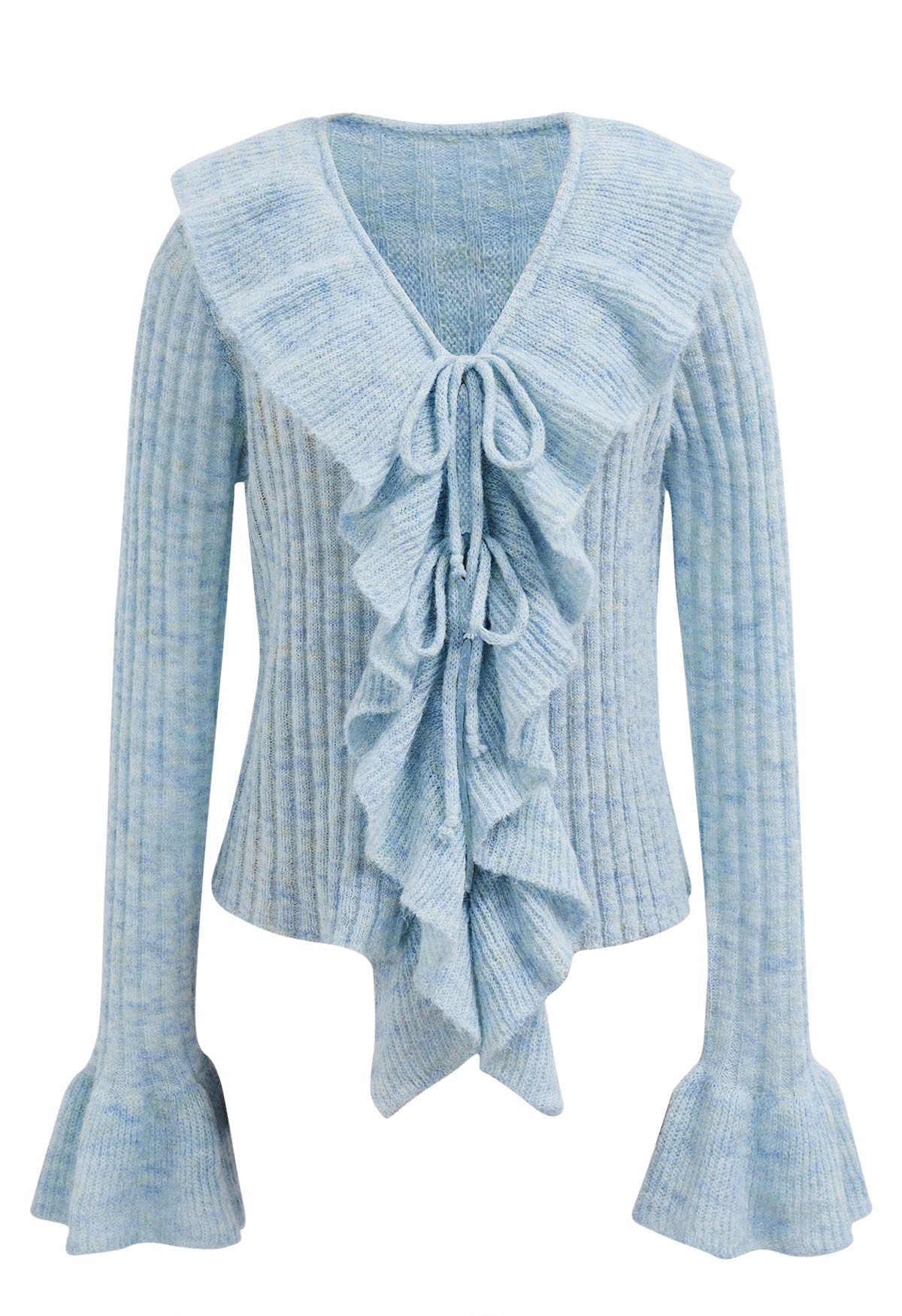 Exaggerated Ruffle Neck Self-Tie Knit Top in Blue