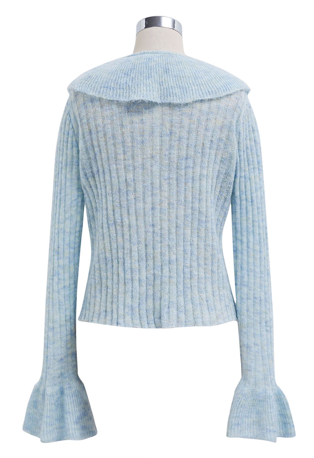 Exaggerated Ruffle Neck Self-Tie Knit Top in Blue