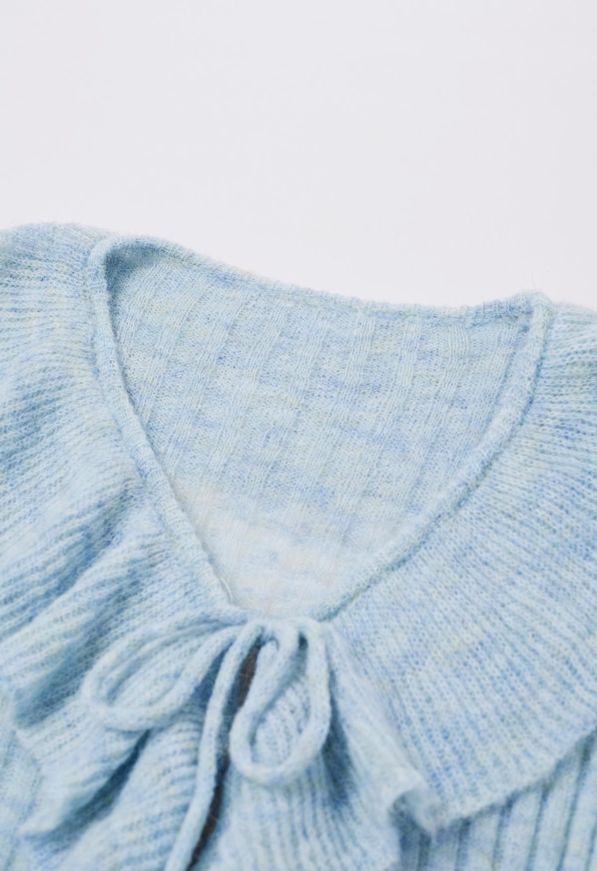 Exaggerated Ruffle Neck Self-Tie Knit Top in Blue