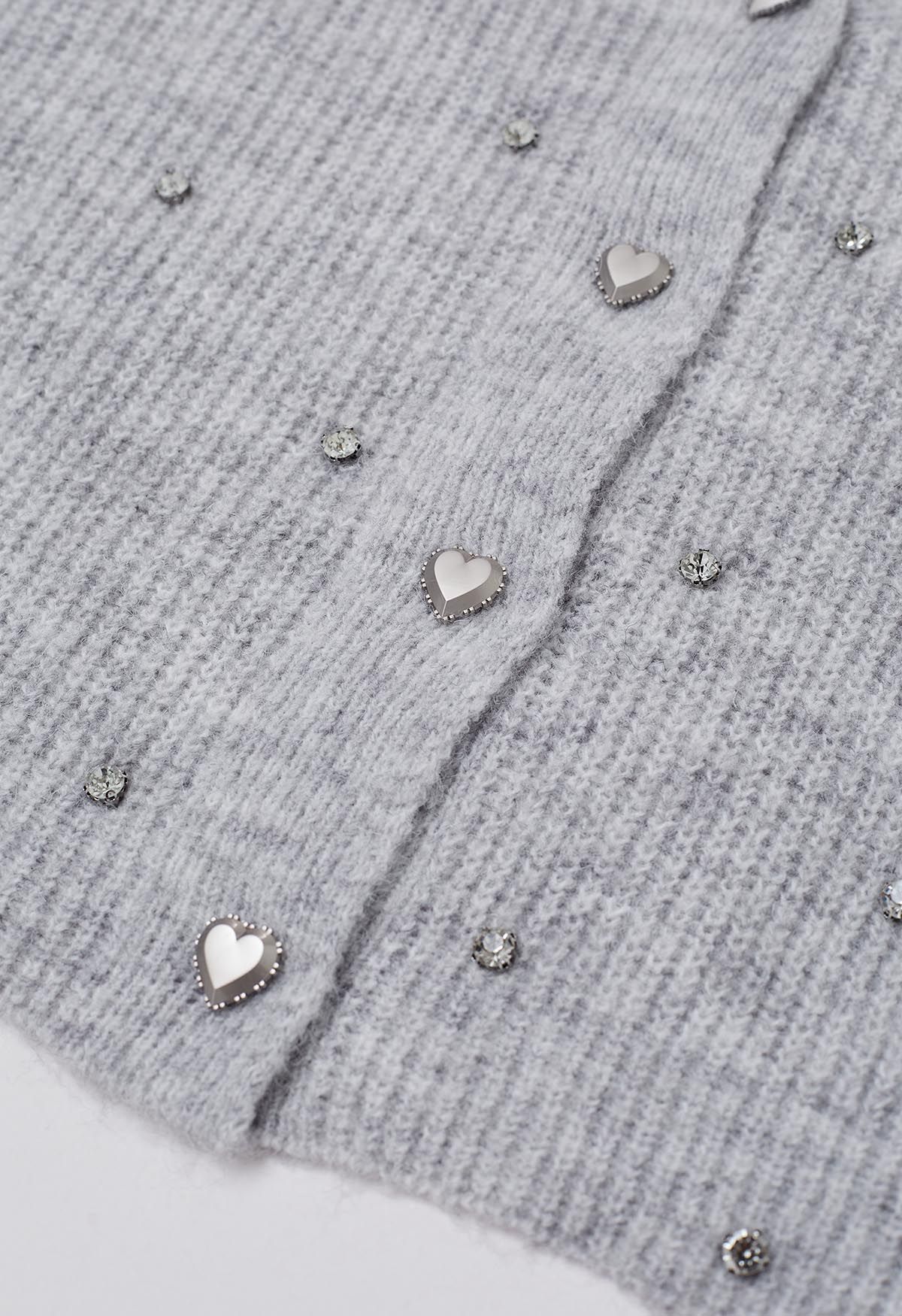 Rhinestone Embellished Button Down Knit Cardigan in Grey