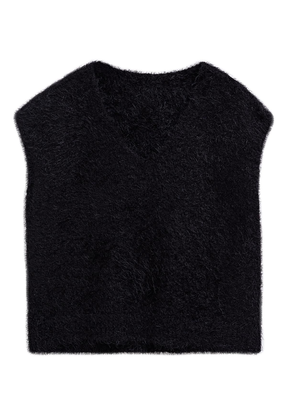 Fuzzy Dotted Sleeveless Knit Sweater in Black