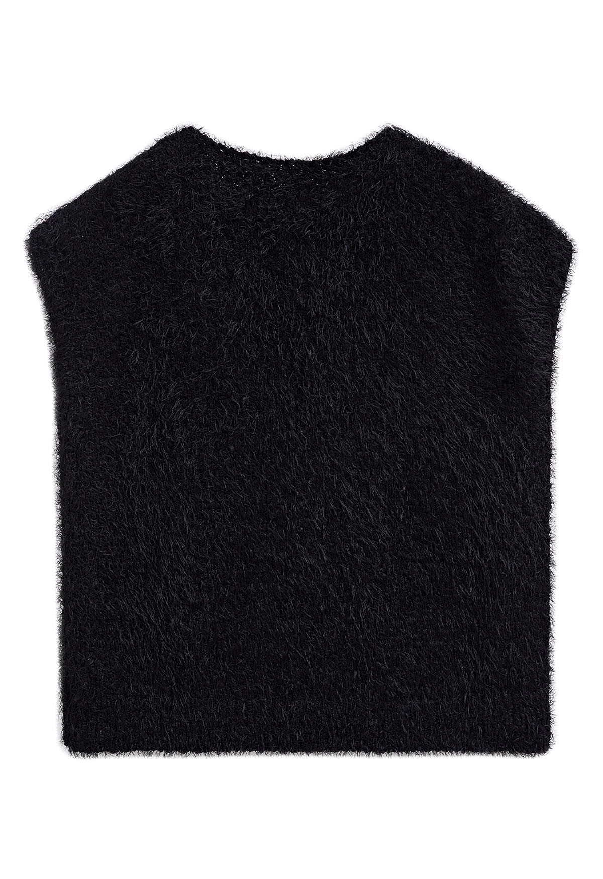 Fuzzy Dotted Sleeveless Knit Sweater in Black