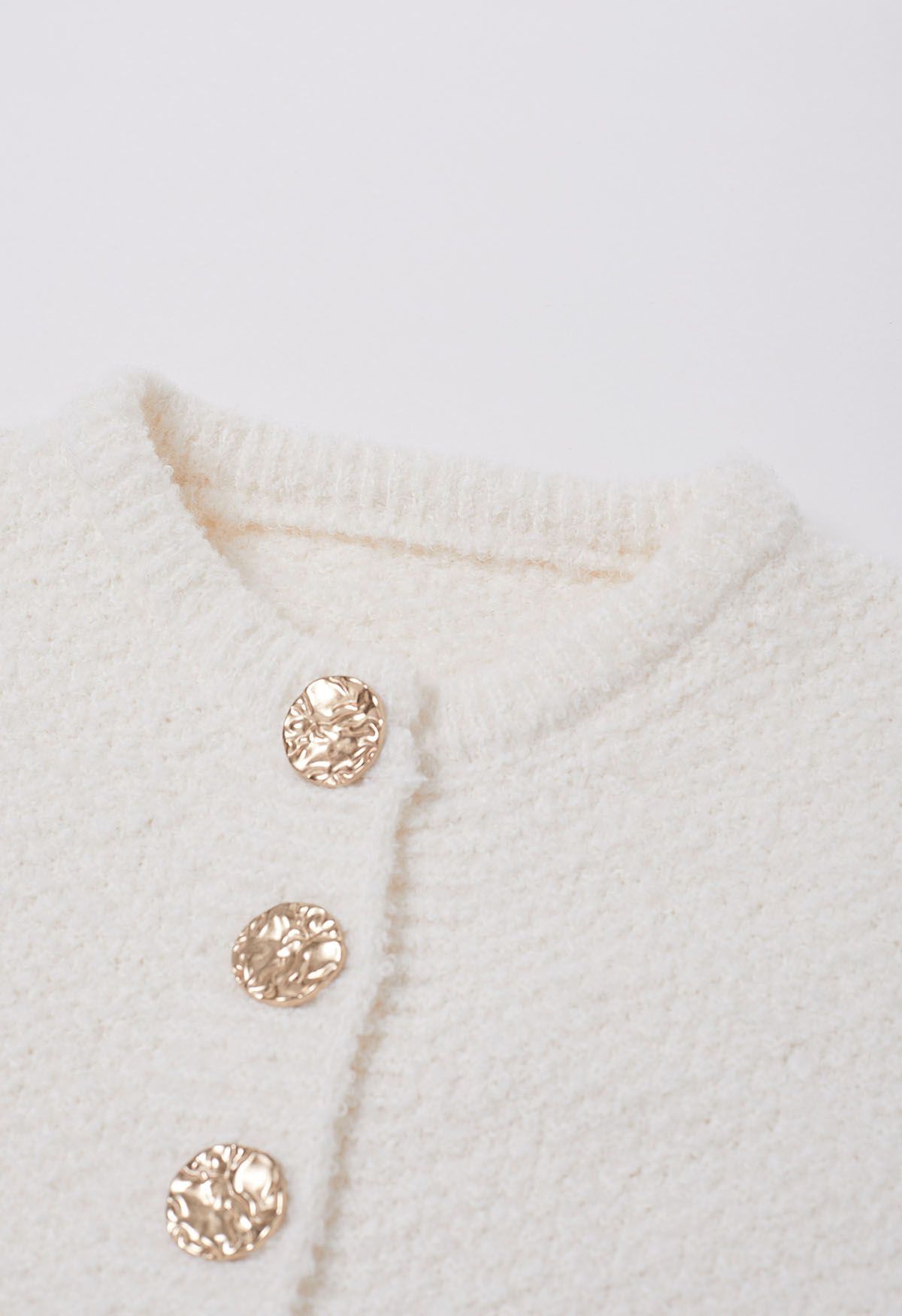 Golden Button Front Crop Knit Cardigan in Cream